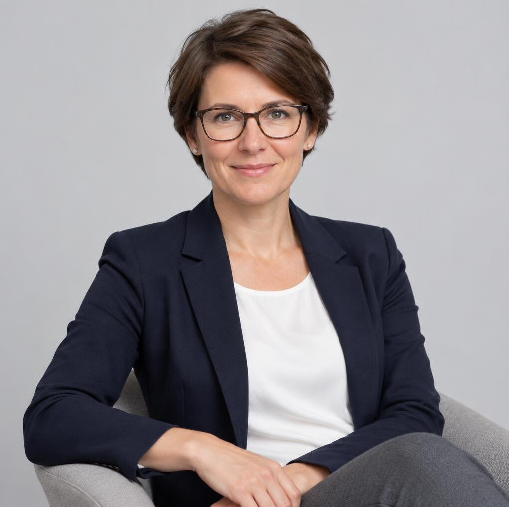 Studio portrait of a German woman researcher with glasses
