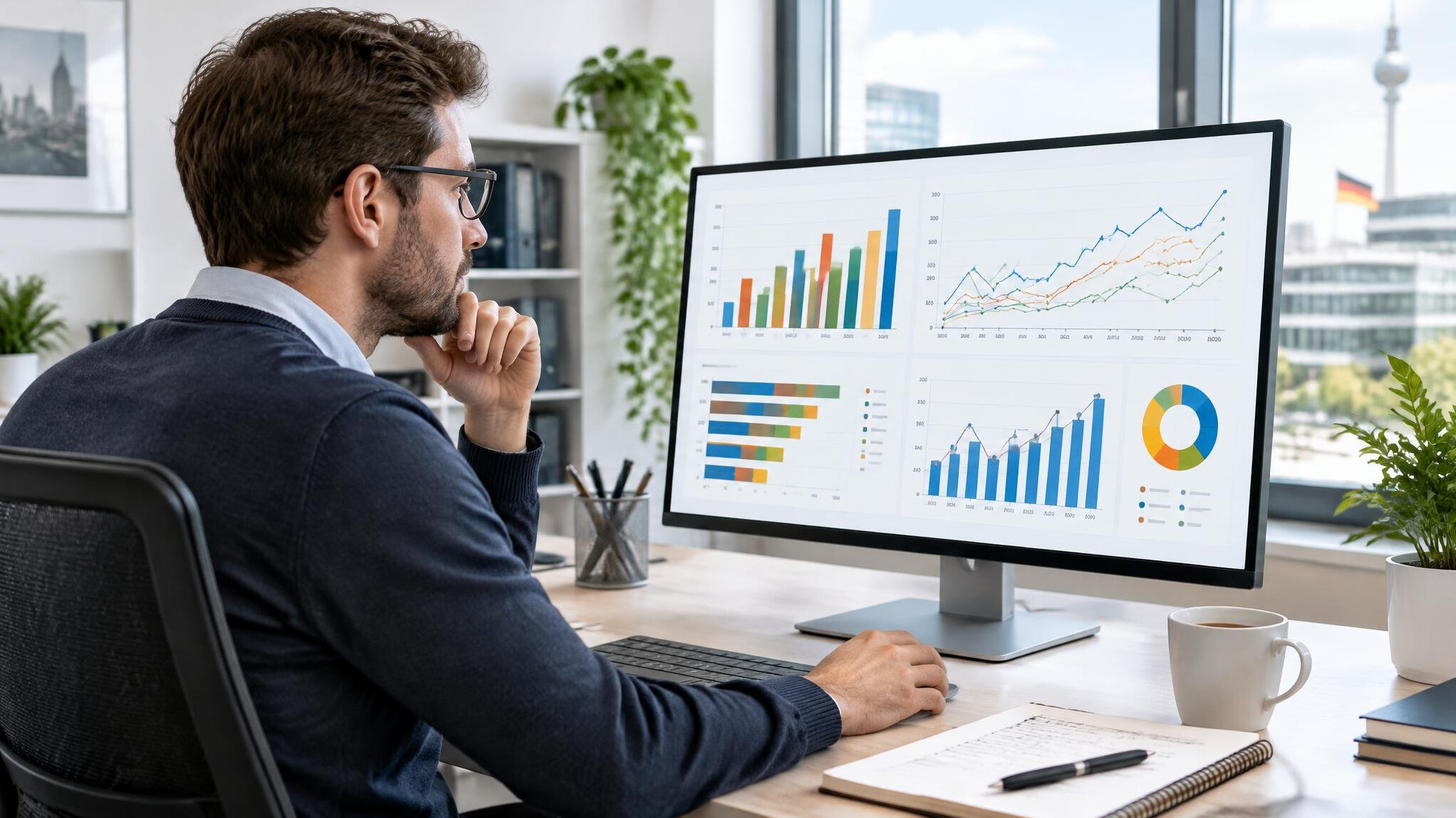 Analyst reviewing statistical charts on a computer screen